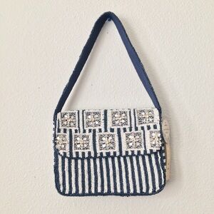 Beaded Navy and White Stripe Shoulder Bag With Rhinestone Crystals